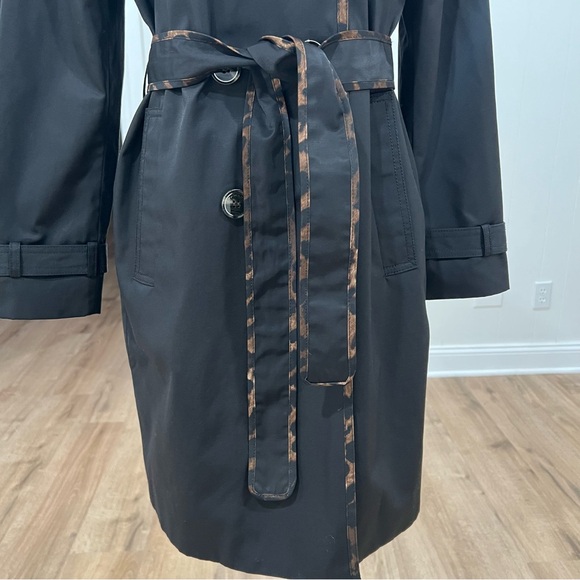 Tahari Black Raincoat Leopard Trim Belted Double Breasted Trench Size S - Picture 12 of 16